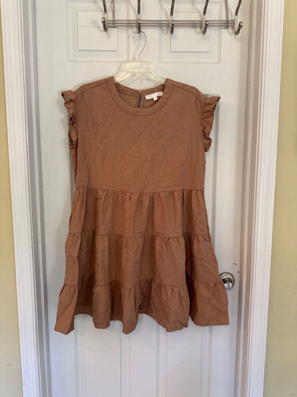 Adyson Parker Linen Blend Cap Sleeve Brown Baby Doll Mini Dress Size Medium - Picture 2 of 11